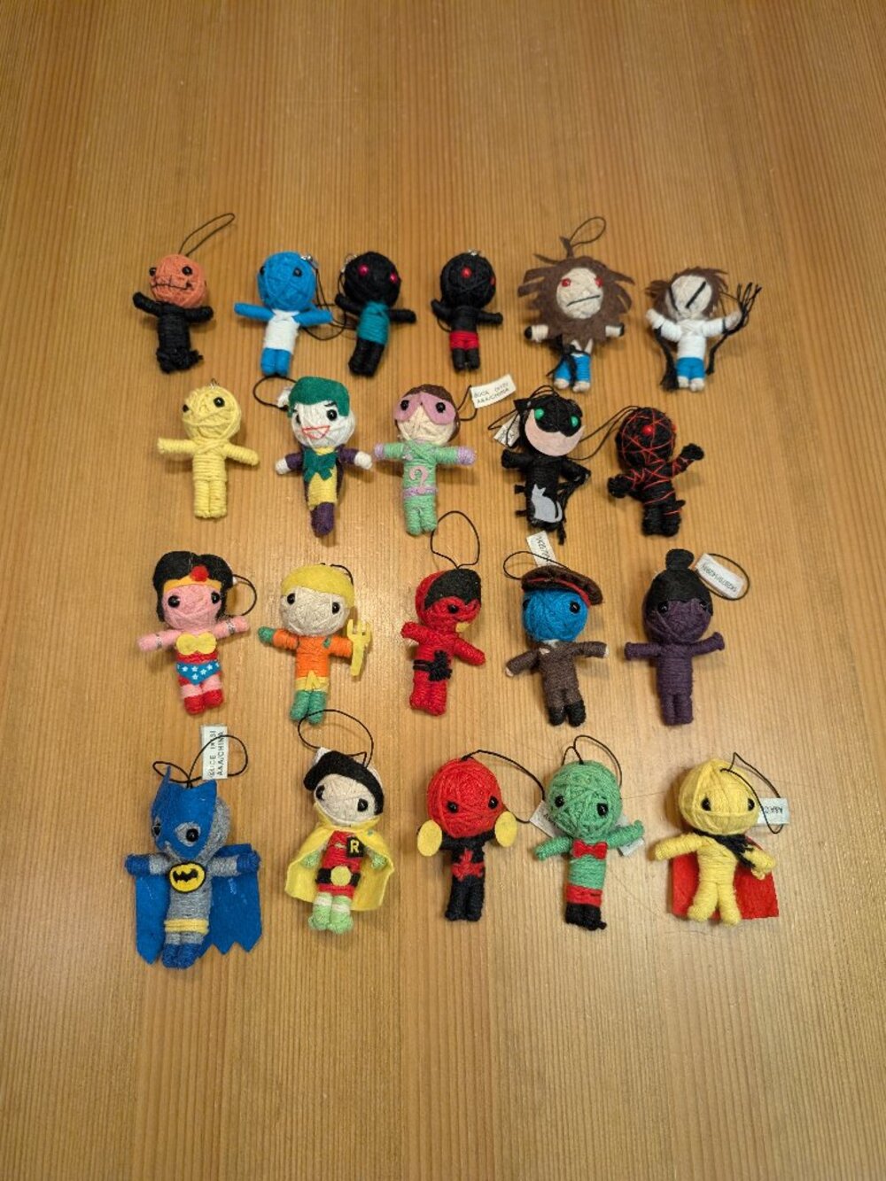 Voodoo String Doll Lot of 21 Charms Keychains 2.5" Monsters Heroes Villains Misc
